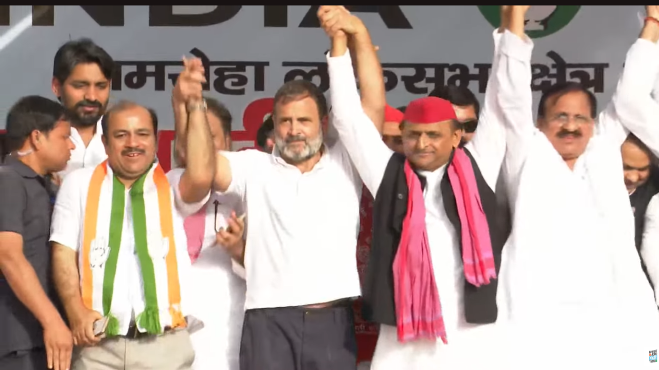 ‘Not guarantees but Ghanti’: Rahul Gandhi and Akhilesh Yadav conducts first public rally in UP’s Amroha