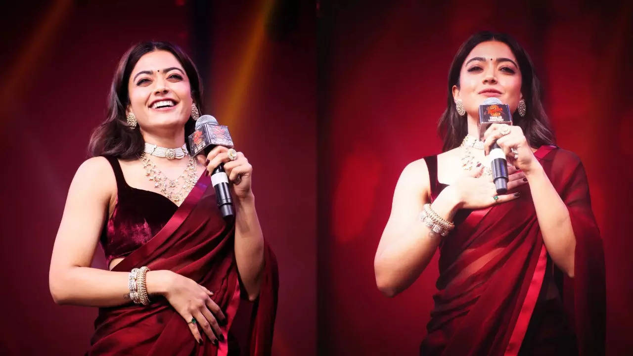 Rashmika Mandanna stuns in burgundy saree