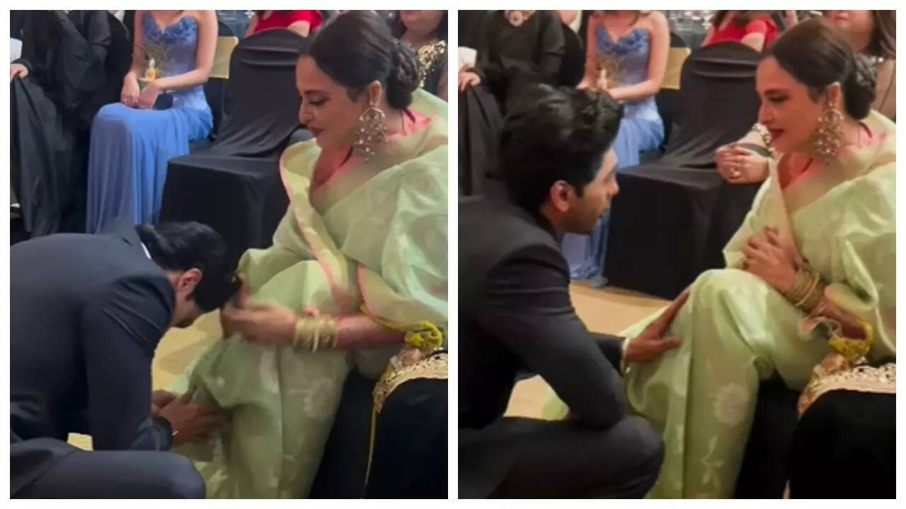 Taha Shah Badussha touches Rekha’s feet